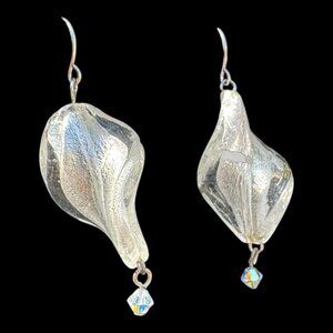 Vintage Murano Crystal Twisted Drop Earrings With Silver Accents & Crystal Bead